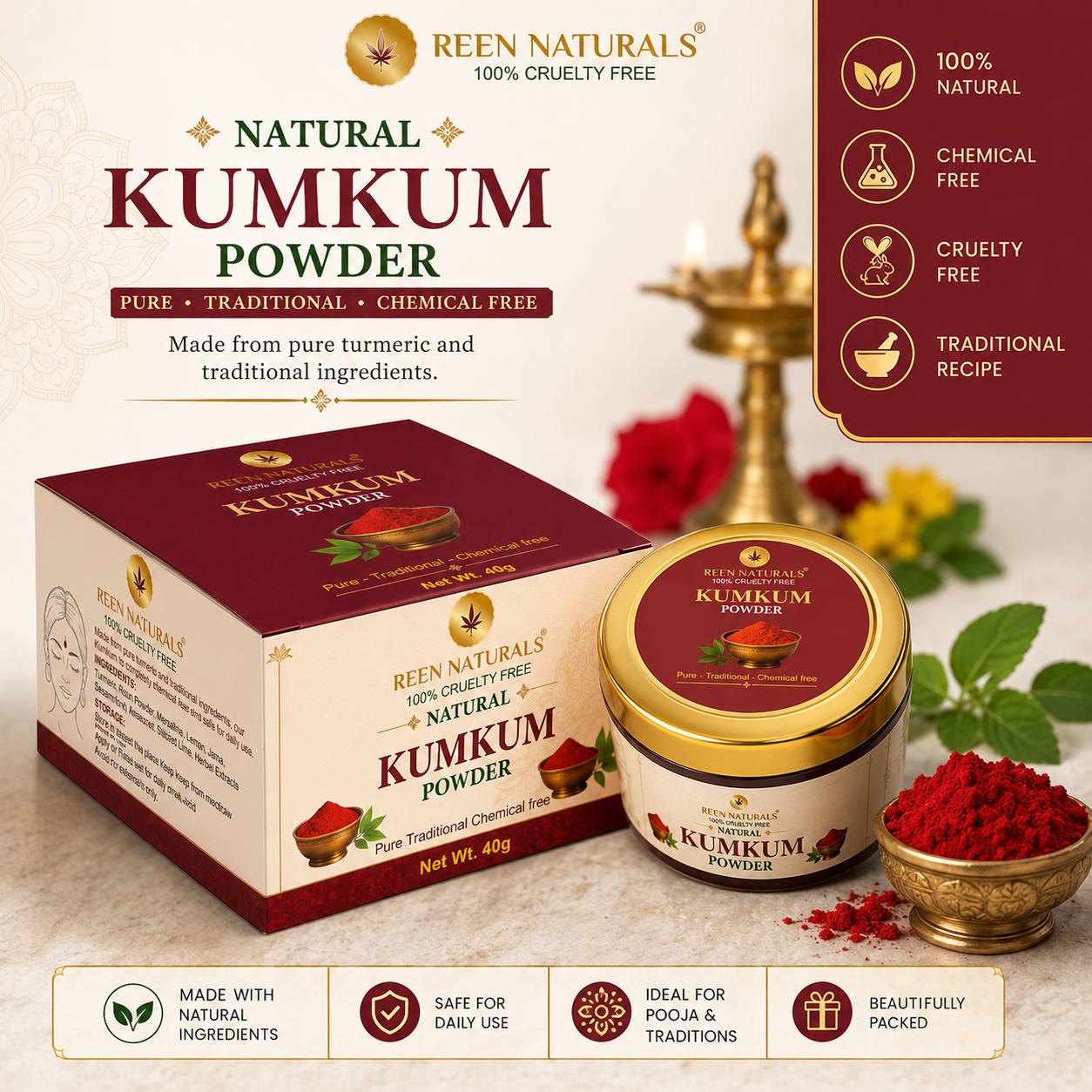 KUMKUM Powder - 100% Pure and Chemical Free Organic Kumkum Sindoor Powder - 40 gm