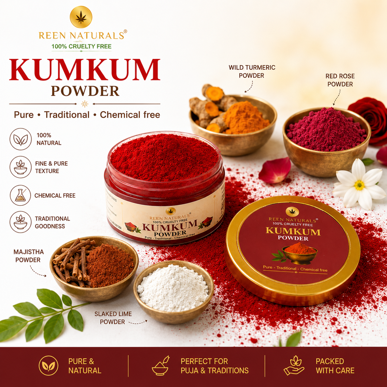 KUMKUM Powder - 100% Pure and Chemical Free Organic Kumkum Sindoor Powder - 40 gm