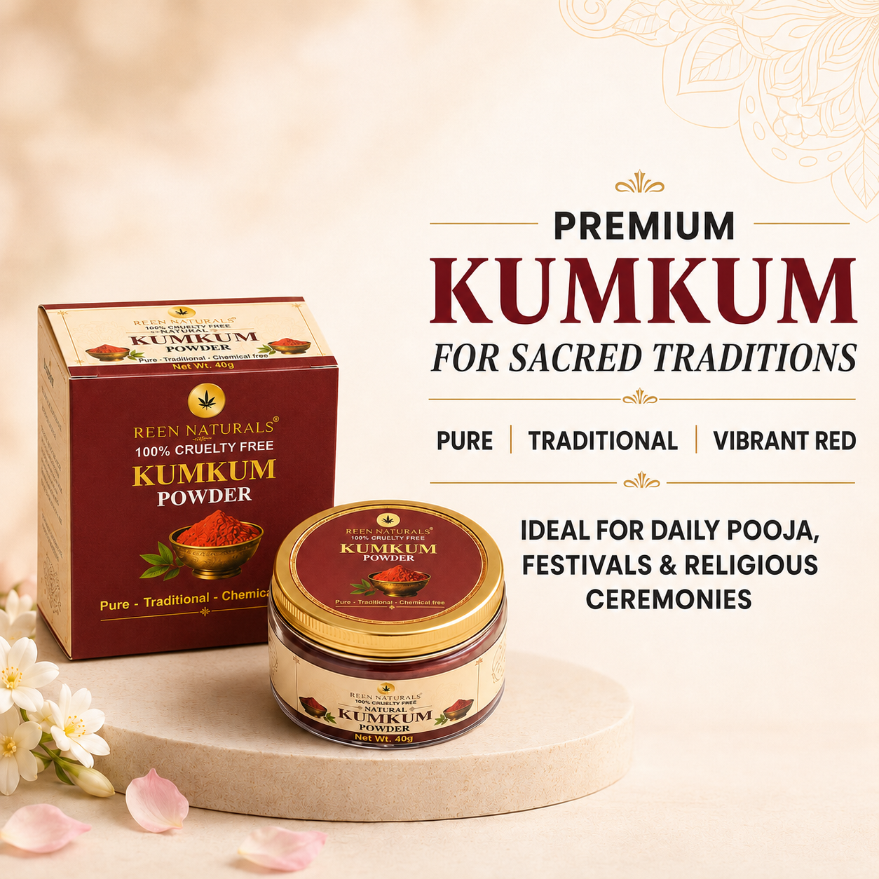 KUMKUM Powder - 100% Pure and Chemical Free Organic Kumkum Sindoor Powder - 40 gm