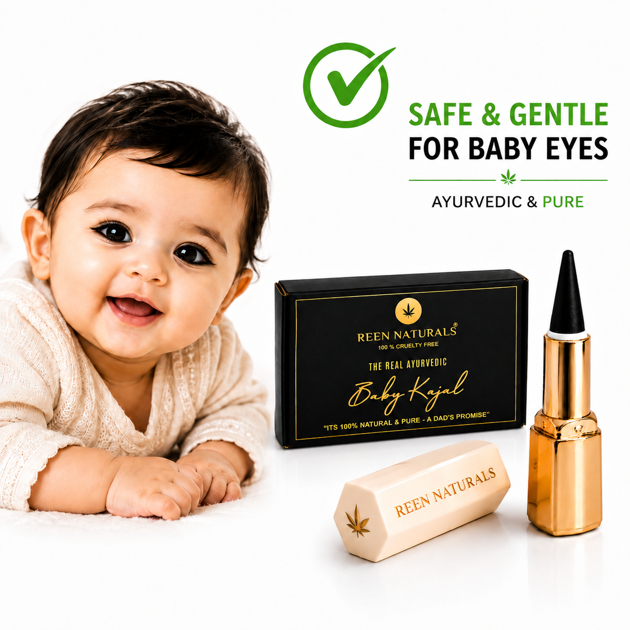 REEN NATURALS Baby Kajal Stick | 100% Natural Ayurvedic & Herbal Kajal | Traditional Lamp Black Method | Gentle & Chemical-Free | Eye Kajal for Kids | Eyeliner & Eyebrow