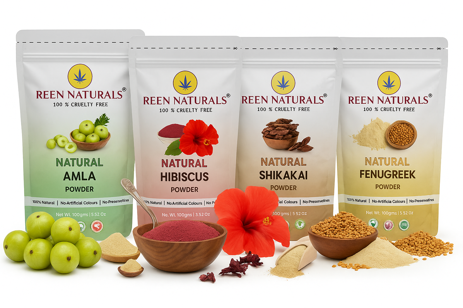 HAIR FOUR COMBO - Hibiscus , Amla , Shikakai & Methi Powder for Hair Mask - 100gms Each