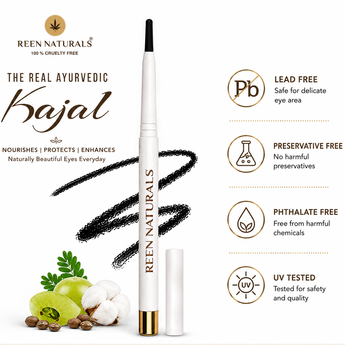 KAJAL STICK | Pure Ayurvedic & Herbal | Waterproof & Smudge Proof | Traditional Lamp Black | Chemical-Free | Eyeliner & Eyebrows
