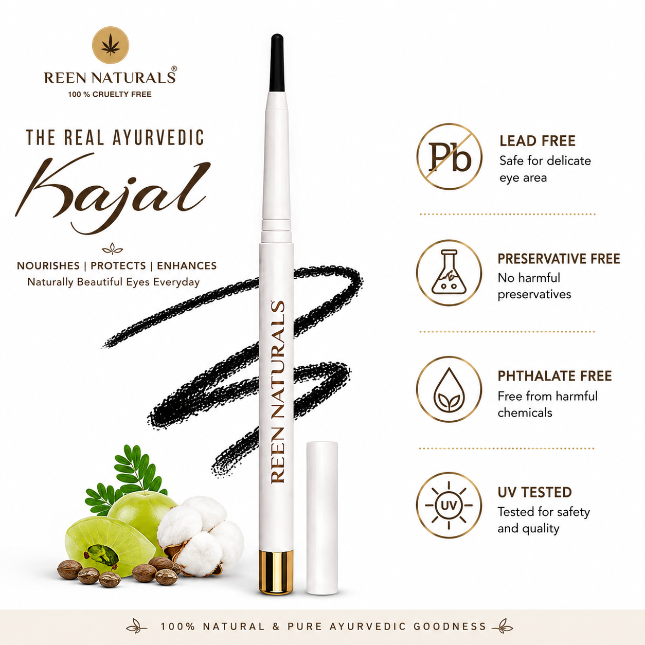 REEN NATURALS Kajal Stick | 100% Natural Ayurvedic & Herbal | Traditional Lamp Black Method | Gentle & Chemical-Free | Eye Kajal | Eyeliner & Eyebrow | Water-Proof and Smudge Proof