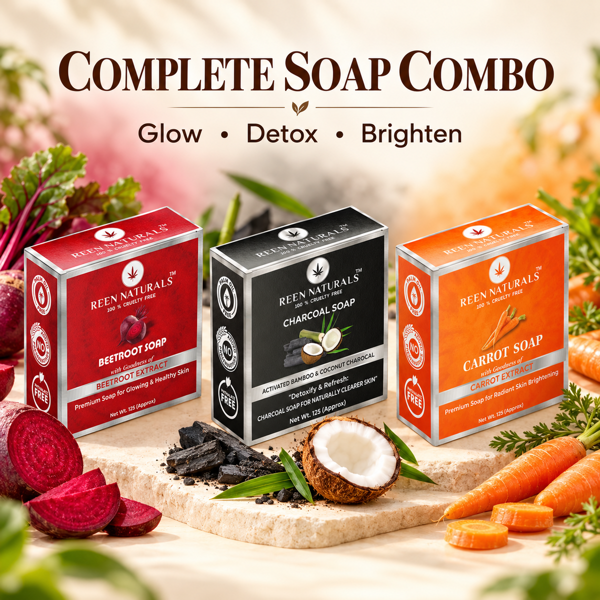 Beetroot, Charcoal & Carrot Soap | Glow, Deep Clean & Brighten | 3 × 125g