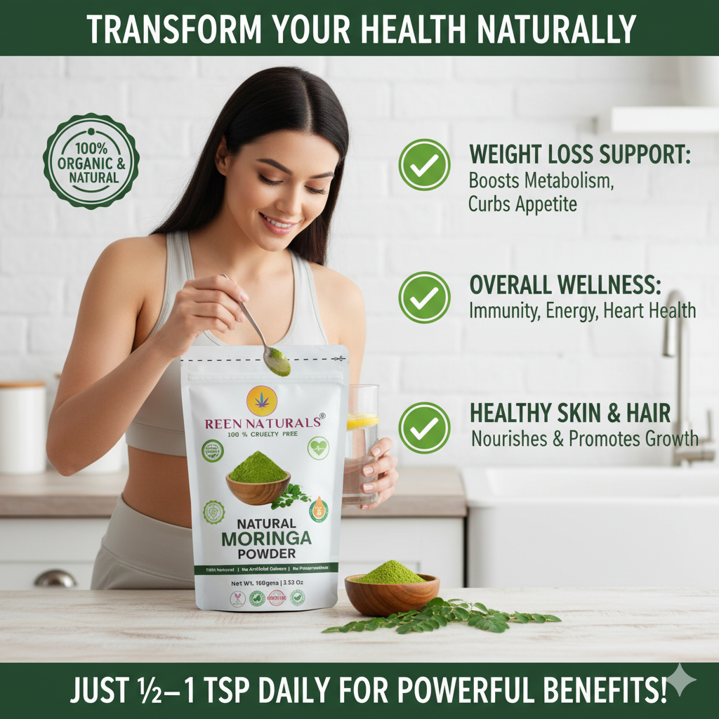 Reen Naturals Moringa Powder – 100% Natural Superfood for Immunity, Weight loss & Heart Health