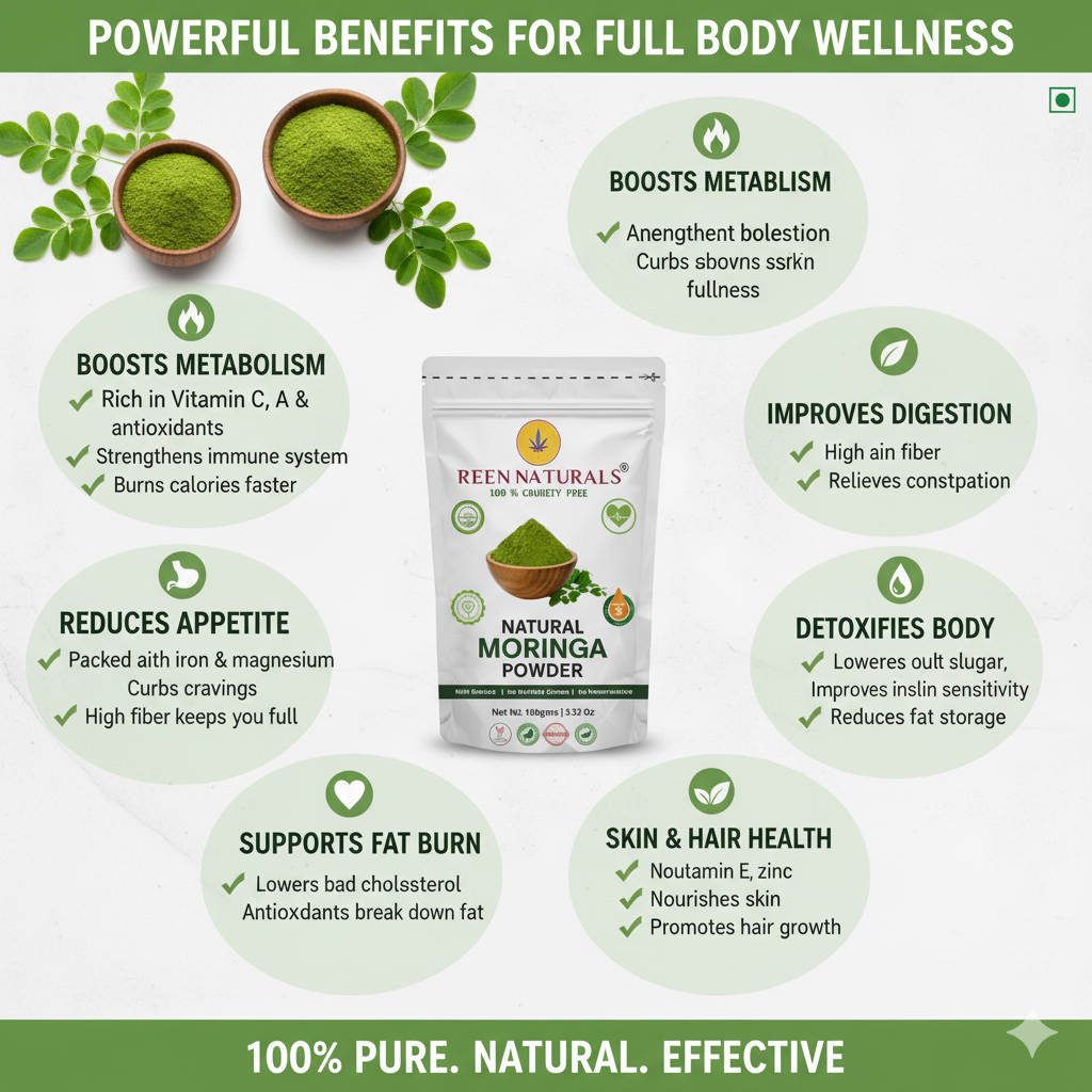Reen Naturals Moringa Powder – 100% Natural Superfood for Immunity, Weight loss & Heart Health