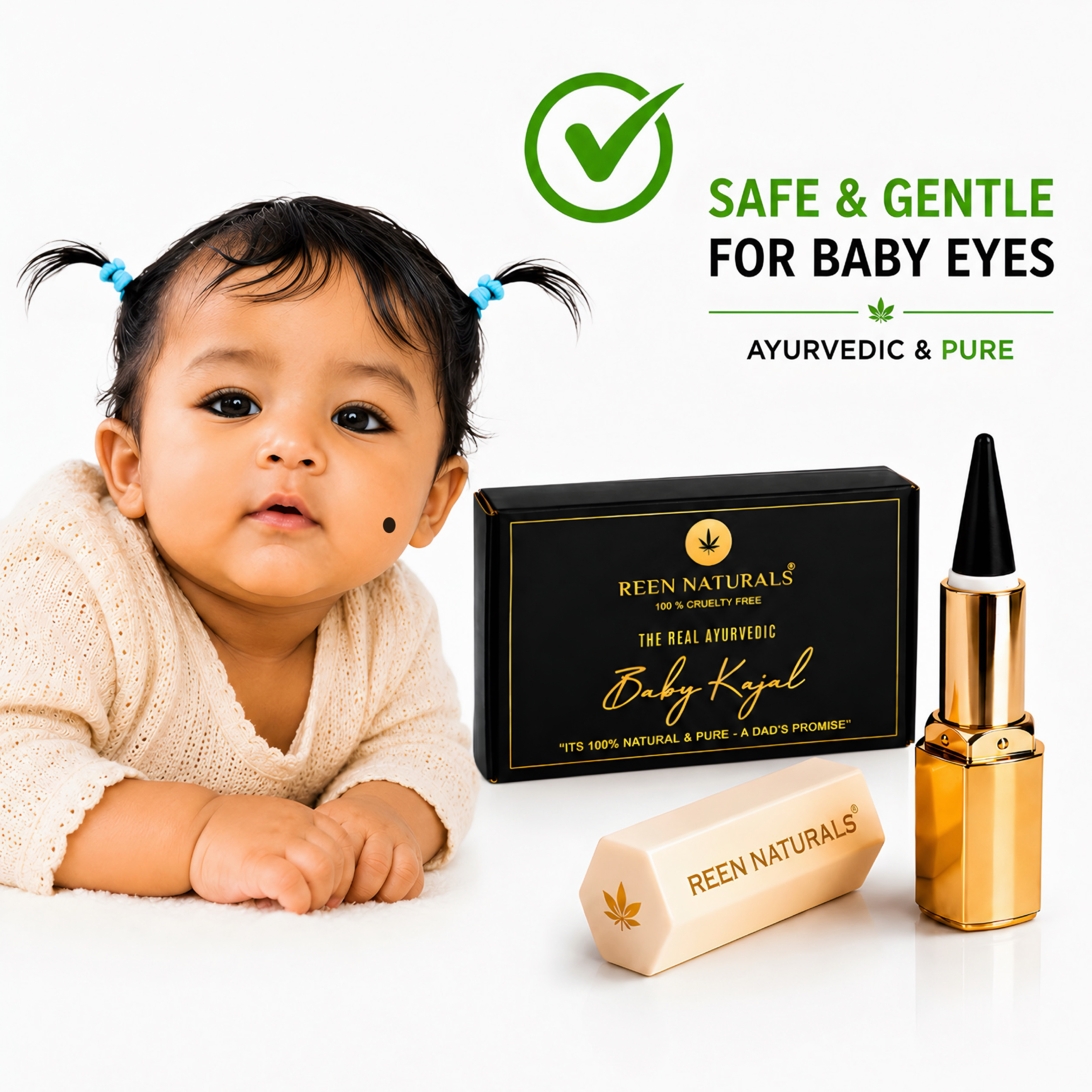 REEN NATURALS Baby Kajal Stick | 100% Natural Ayurvedic & Herbal Kajal | Traditional Lamp Black Method | Gentle & Chemical-Free | Eye Kajal for Kids | Eyeliner & Eyebrow
