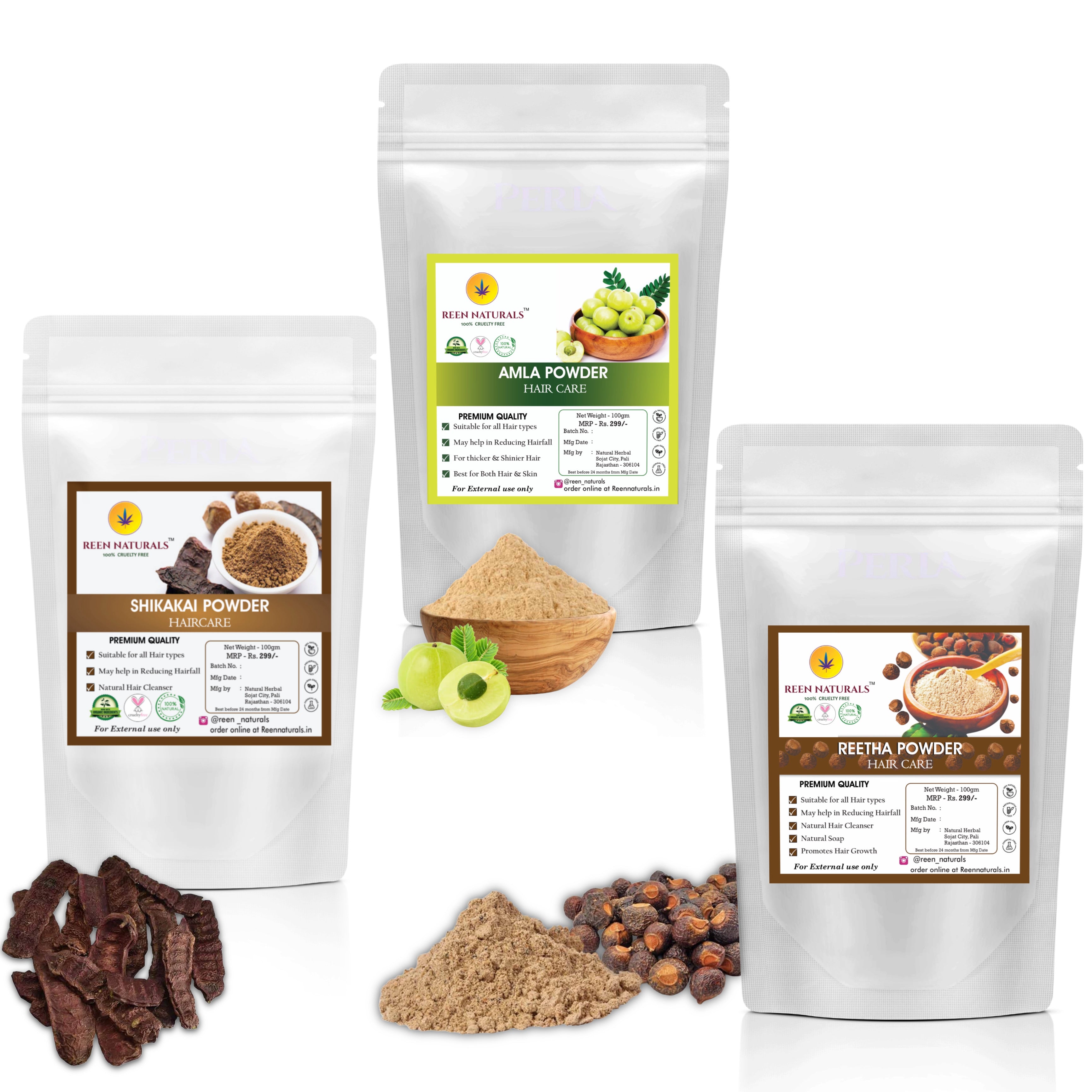 TRIO COMBO - Shikakai, Amla, Reetha Powder Hair Care - 100 grams Each