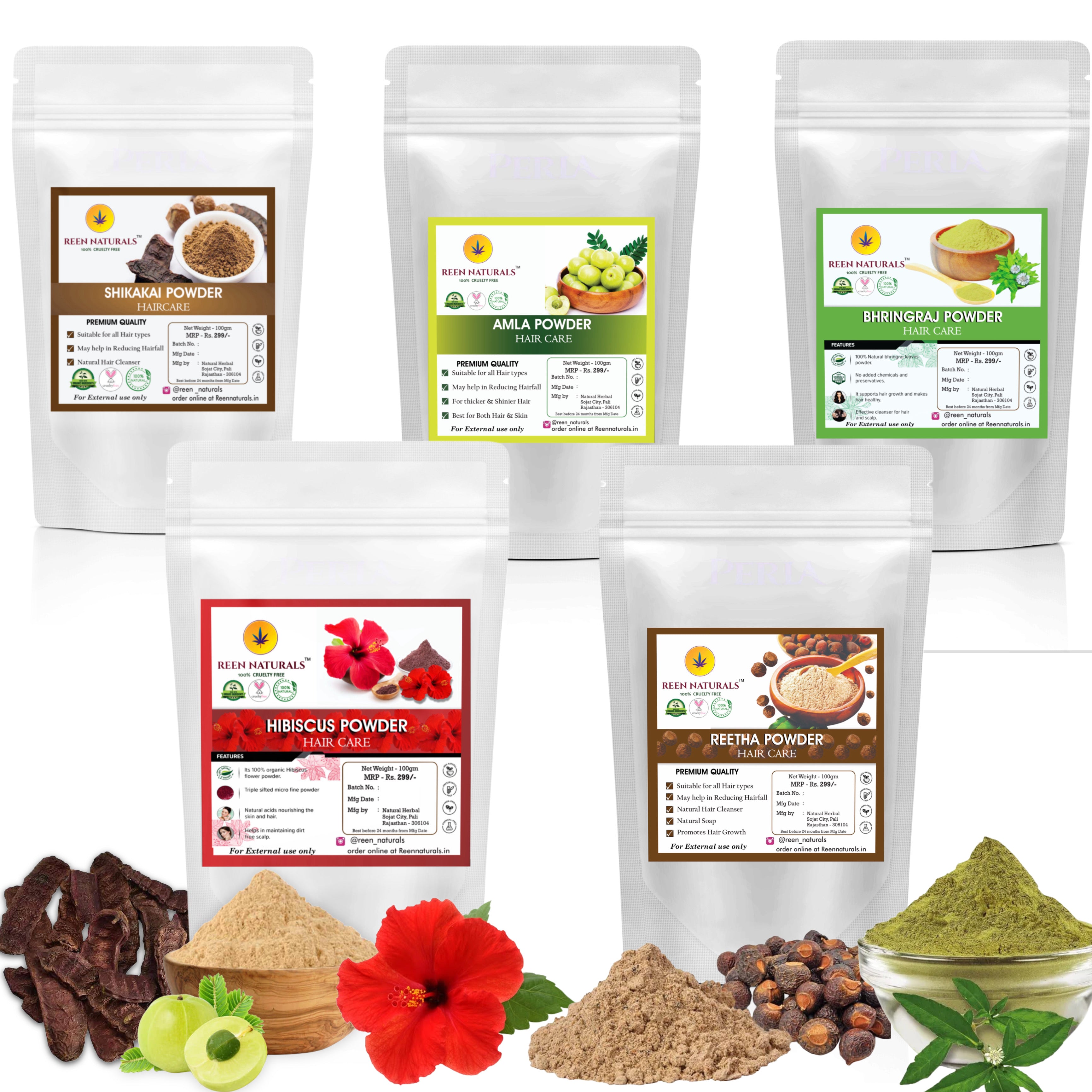 Hair Combo Pack of 5 - Amla Reetha Shikakai, Bhringraj and Hibiscus Powder - 100g Each
