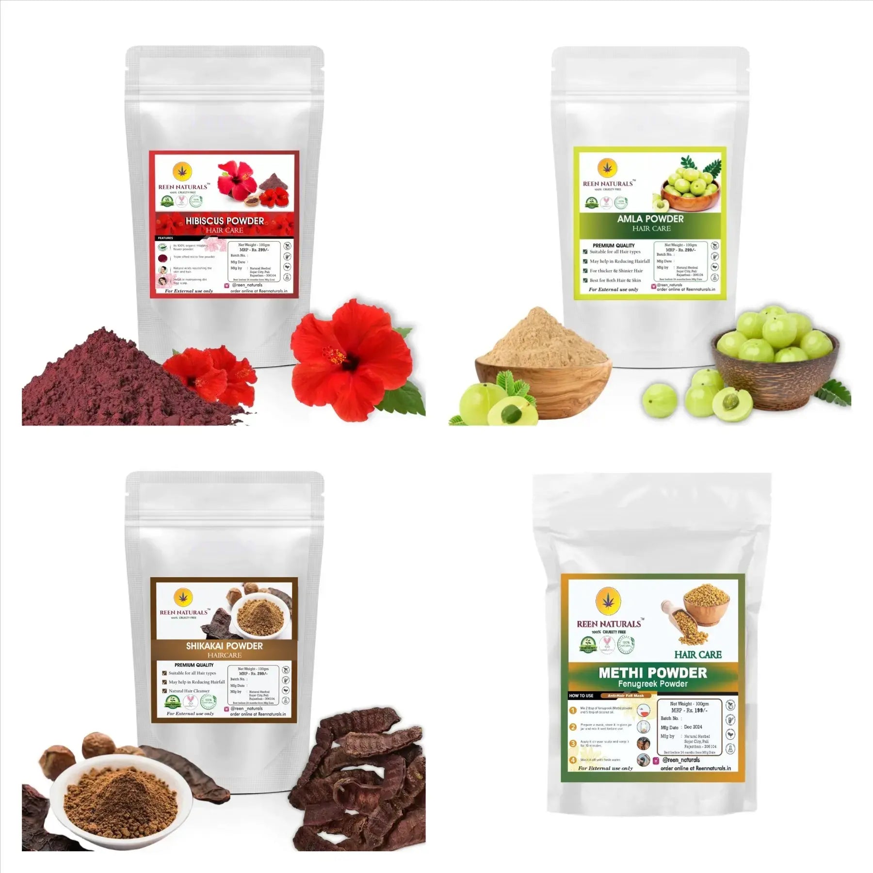 HAIR FOUR COMBO - Hibiscus , Amla , Shikakai & Methi Powder for Hair Mask - 100gms Each