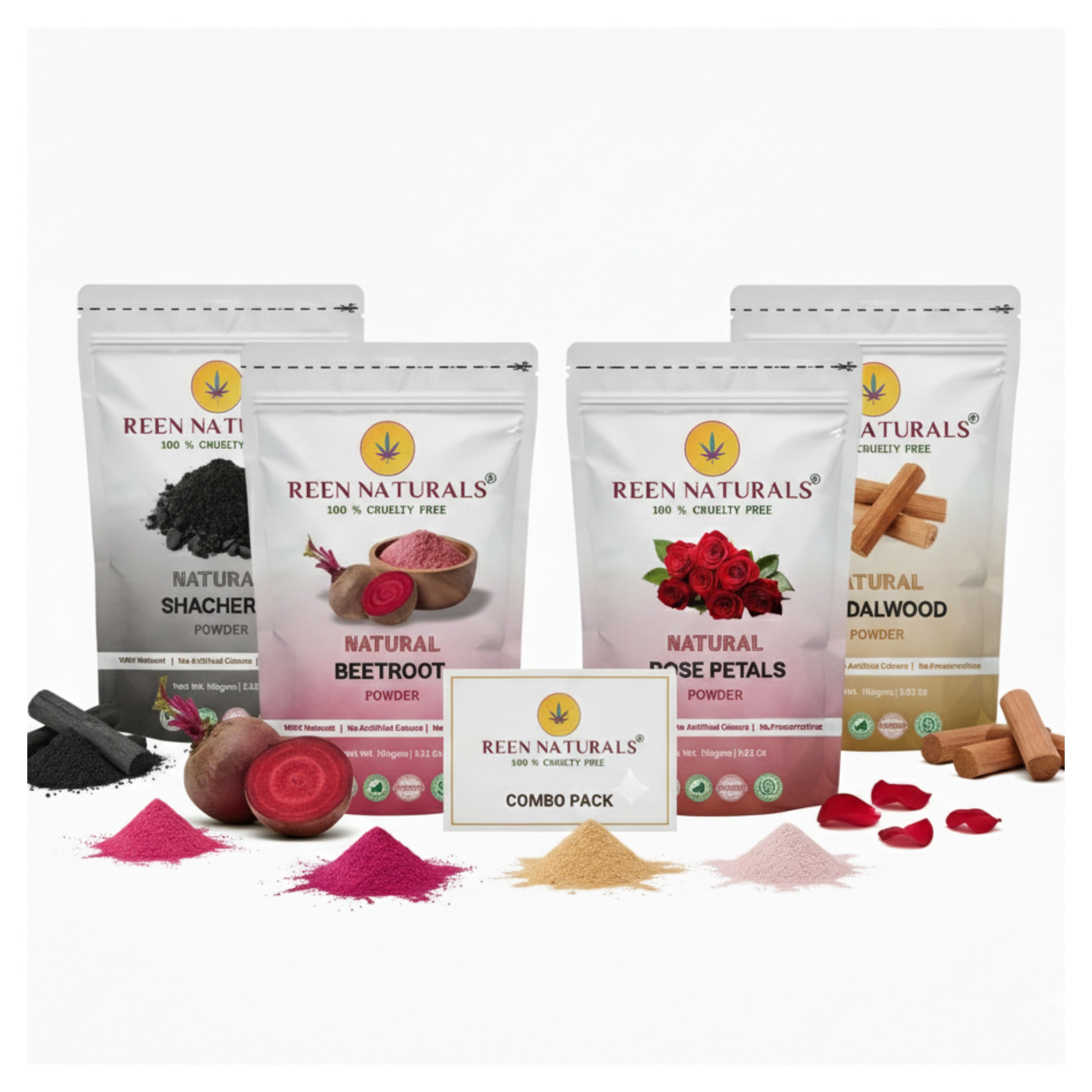 FACE PACK COMBO - Beetroot , Rose Petal , Sandalwood & Charcoal Powders for Face Brightening - 100gms Each
