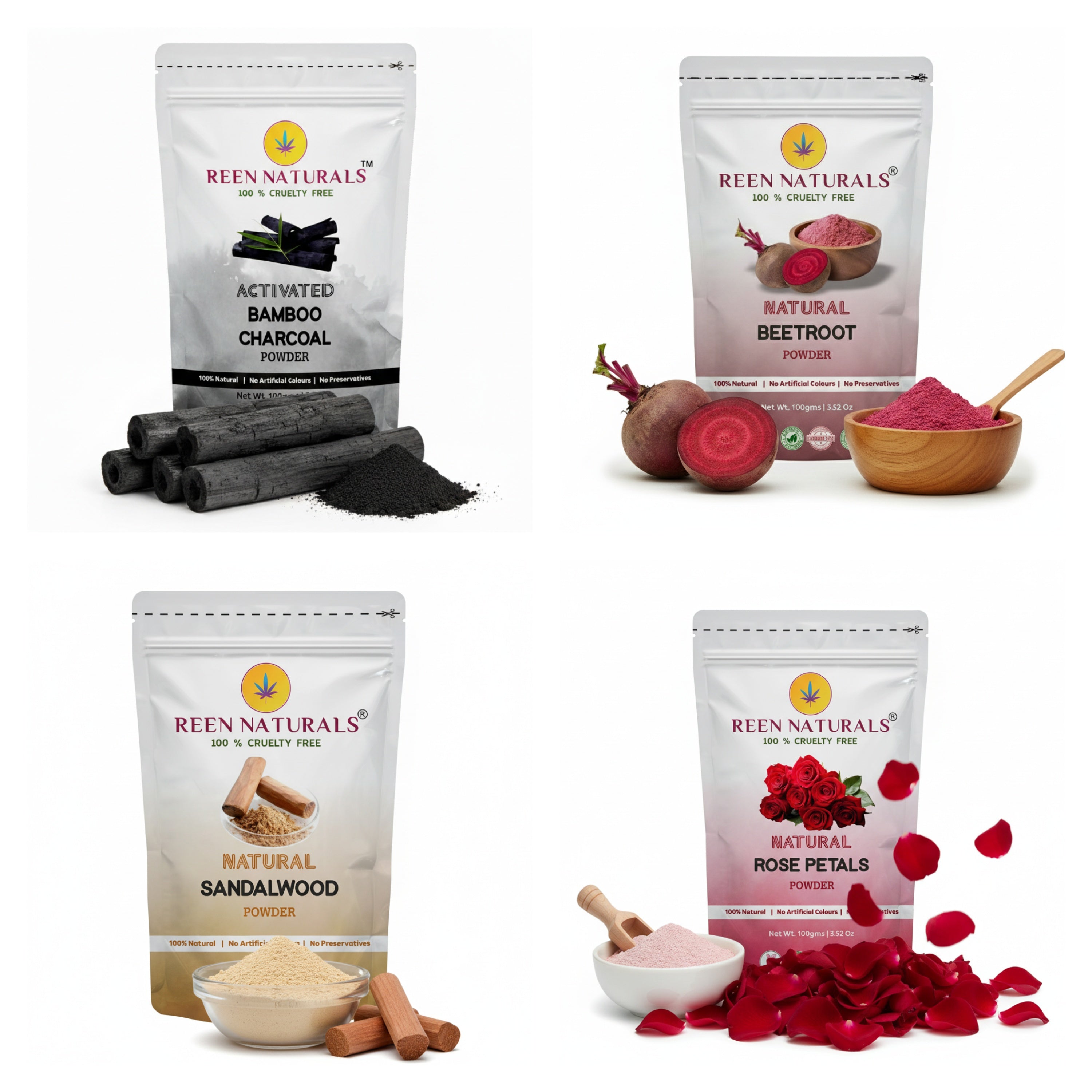 FACE PACK COMBO - Beetroot , Rose Petal , Sandalwood & Charcoal Powders for Face Brightening - 100gms Each