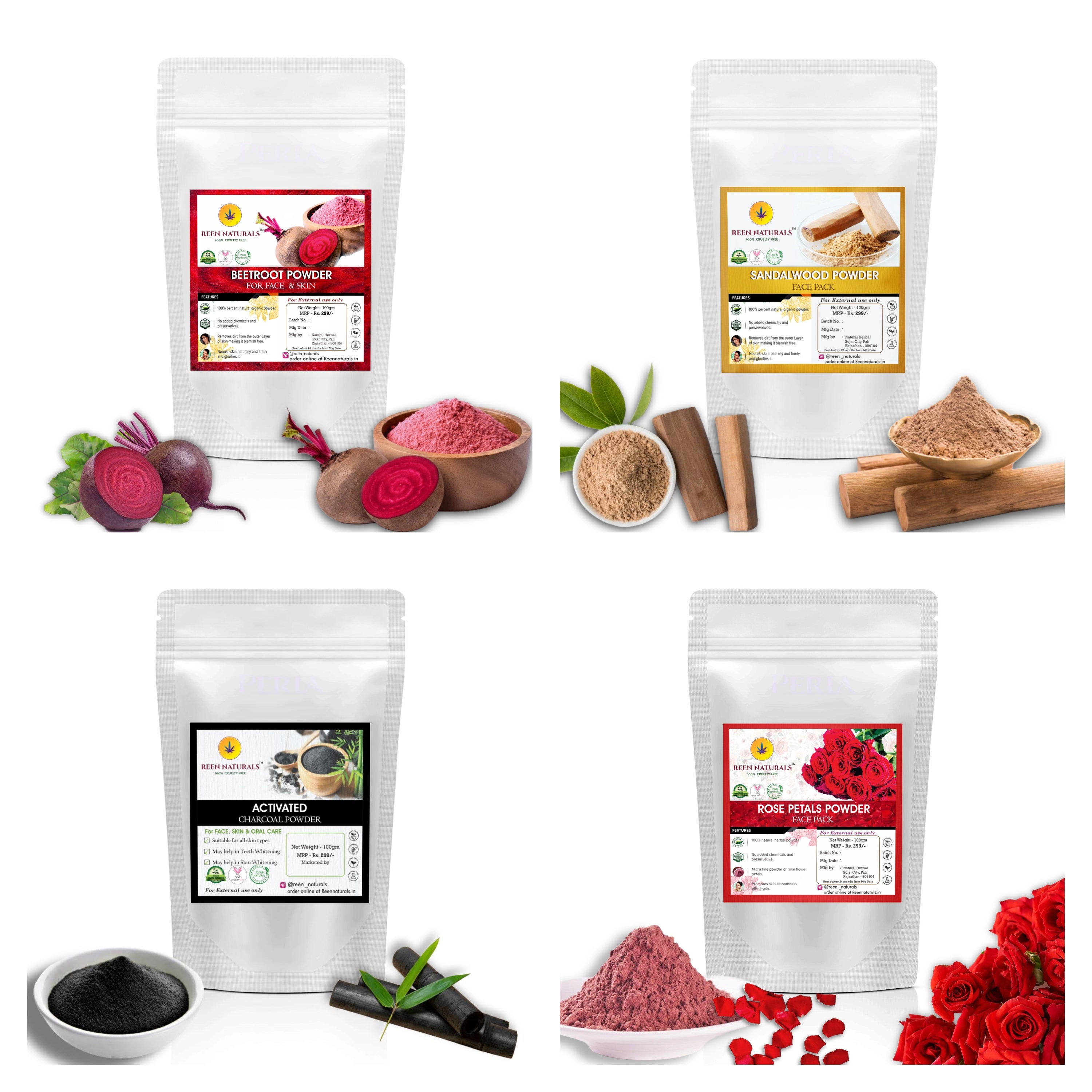 FACE PACK COMBO - Beetroot , Rose Petal , Sandalwood & Charcoal Powders for Face Brightening - 100gms Each