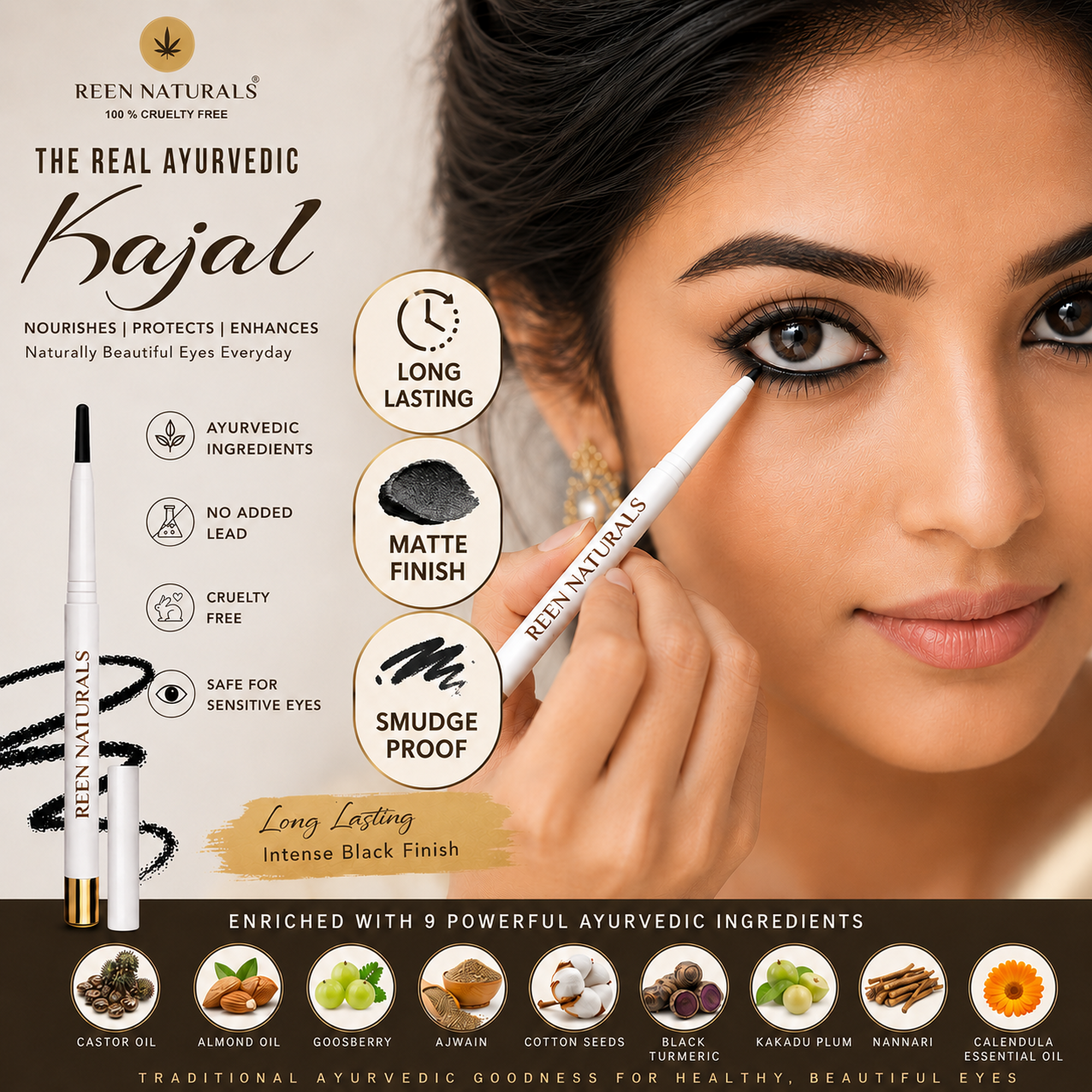 KAJAL STICK | Pure Ayurvedic & Herbal | Waterproof & Smudge Proof | Traditional Lamp Black | Chemical-Free | Eyeliner & Eyebrows