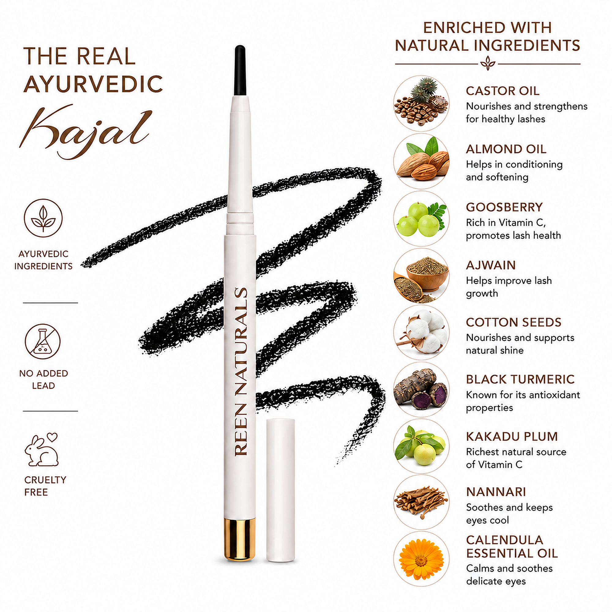 KAJAL STICK | Pure Ayurvedic & Herbal | Waterproof & Smudge Proof | Traditional Lamp Black | Chemical-Free | Eyeliner & Eyebrows